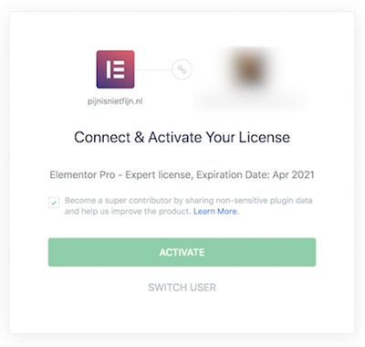 Elementor pro connecteren en licentie activeren.