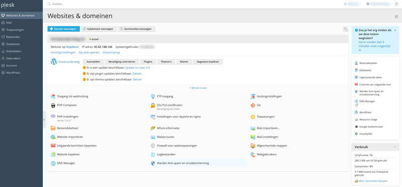 Plesk website beheren